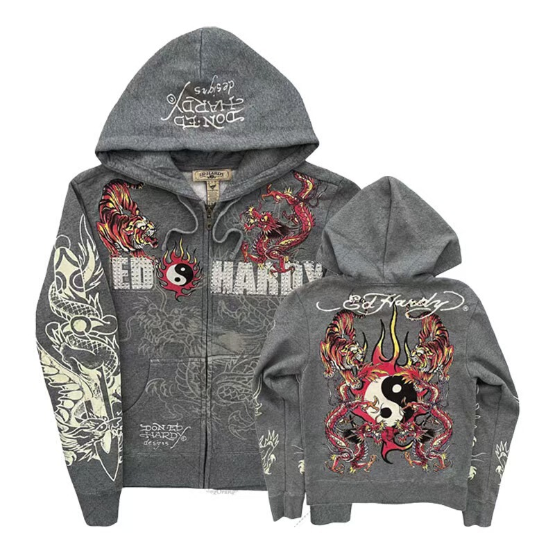 Ed Hardy Trendy Brand Hooded Sweatshirt for Men, European and American Street Style, Flame Dragon Print, Loose Zipper Jacket, Couple Style Ed Hardy Trendy Brand Hooded Sweatshirt for Men, European and American Street Style, Flame Dragon Print, Loose Zipper Jacket, Couple Style