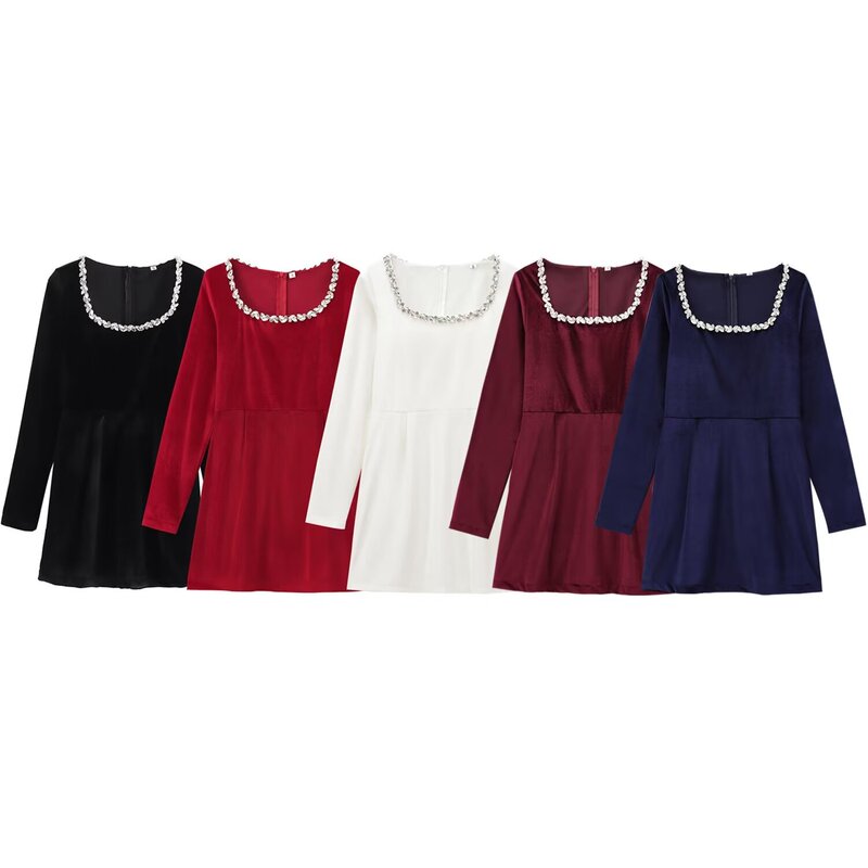 Women's New Autumn and Winter Square Collar Diamond-Encrusted Long-Sleeved French Waist-Cinching Velvet Mini Dress European and American Cross-Border