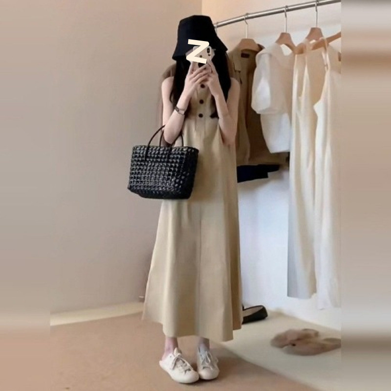 日本のワークウェアドレス夏の新しいレトロなハイエンド気質ノースリーブロングスカートカジュアルルーズ痩身スカート|undefined