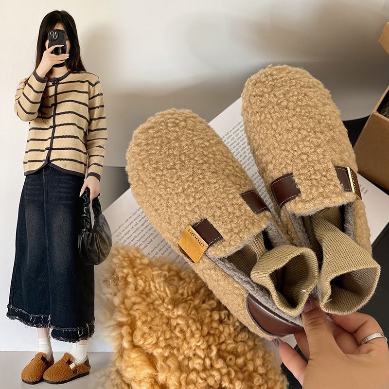 Invierno de cordero coreano zapatos de mujer con zapatos de frijol y algodón retro con una sola pie plana.