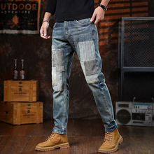 轻奢原创高端美式男士牛仔裤复古怀旧蓝色拼接个性痞帅百搭修身潮