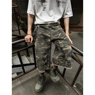 American-style Retro Street Large Pocket Fur-ripped Camouflage Workwear Capri Pants Men's and Women's cleanfit Loose Casual Shorts