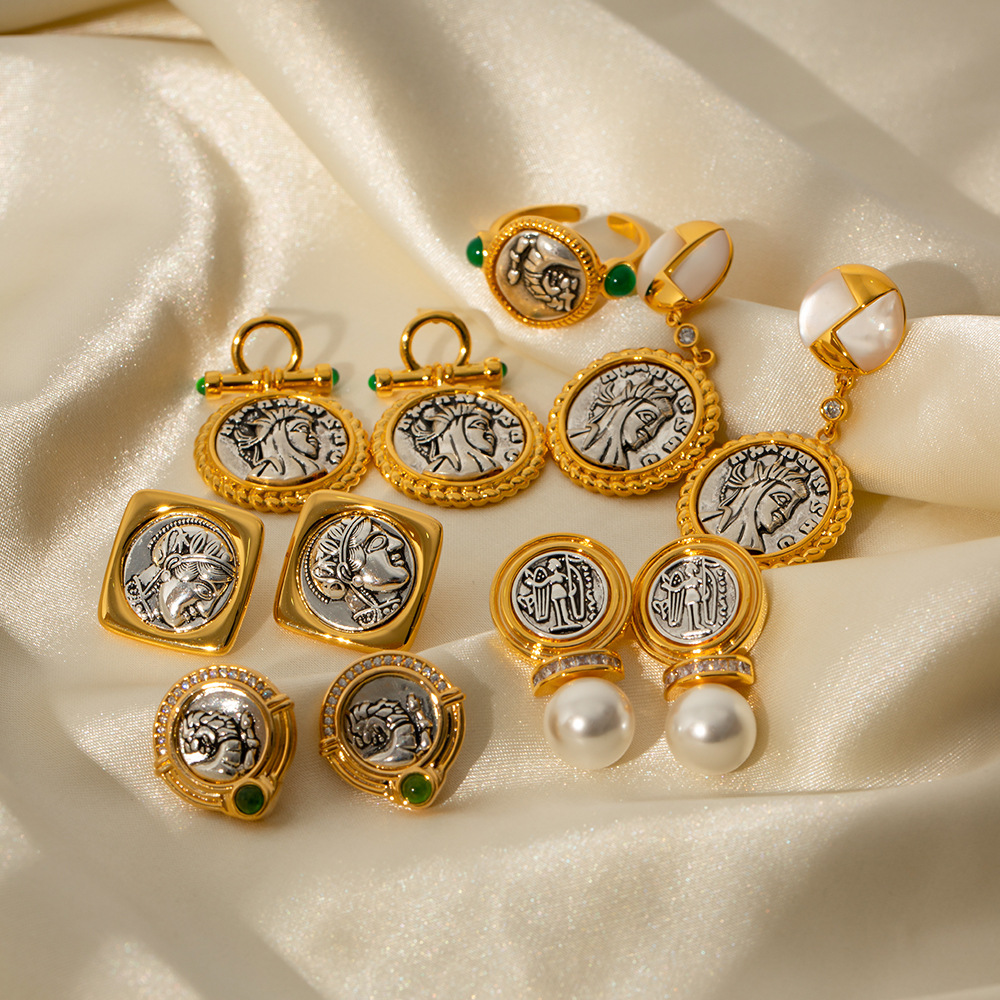 Retro Portrait Copper Inlay Artificial Pearls Zircon Drop Earrings Ear Studs