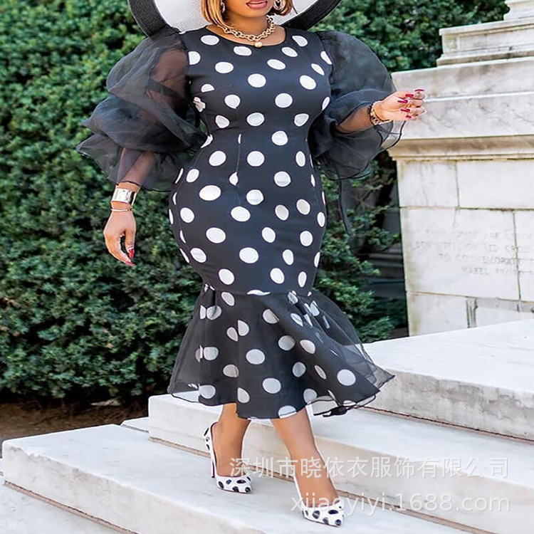 Amazon Aliexpress Cross-Border European and American Style Commuter High-Waisted Polka Dot Plus-Size Women's Fishtail Dress Evening Gown