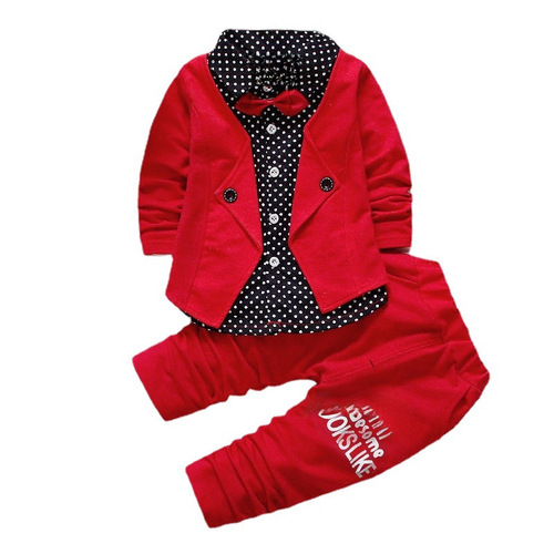 Spring Style Korean Version Long-Sleeve Cardigan Children's Gentleman Set with Bow Tie Sweatshirt and Small Trousers Two-Piece Set Children's Clothing Wholesale
