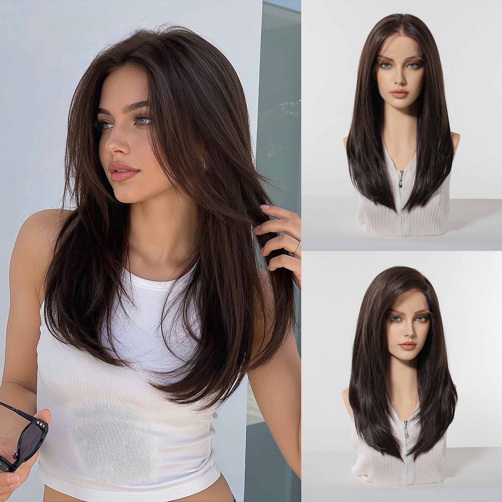 Peluca de encaje transfronteriza 13*6HD de gran superficie con raya al medio, cabello largo y liso negro-marrón, peluca de encaje completa de moda.