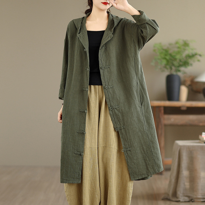 Real Shot of 2025 New Autum Retro Chinese Style Zen Cape Sand-Washed Plate Button Long Hooded Windbreaker Jacket
