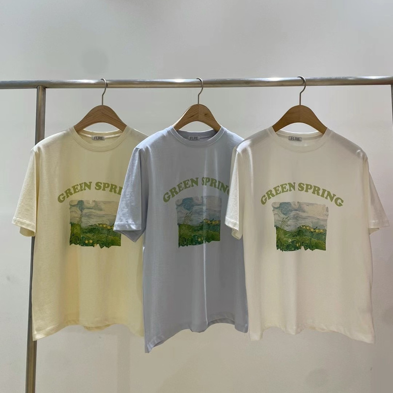 [Special Price Not Refund]/South Korea Dongdaemun Same FURE Oil Painting Printed Short-sleeved T-shirt Fresh Spring Joker