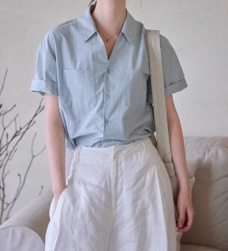 Áo sơ mi ngắn tay nữ cổ V phong cách Pháp chất liệu cotton — Áo xanh chi tiết 3