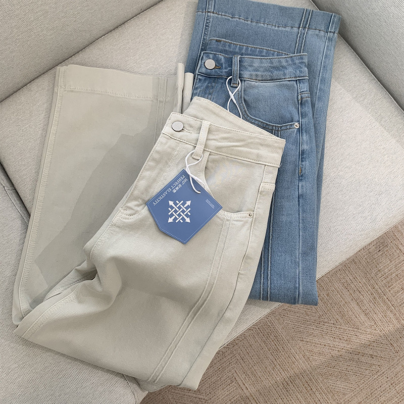 Straight-Leg Slimming Double-Stripe Straight Jeans for Women, Spring/Summer Pear-Shaped Body, Four-Way Stretch, Petite, Cropped Wide-Leg Pants