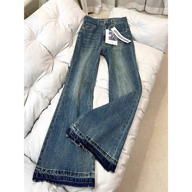 American Retro Style Non-Tight Flared Jeans for Women, Autumn and Winter, Fleece-Lined, Plus Size, High-Waisted, Hip-Covering, Wide-Leg Pants