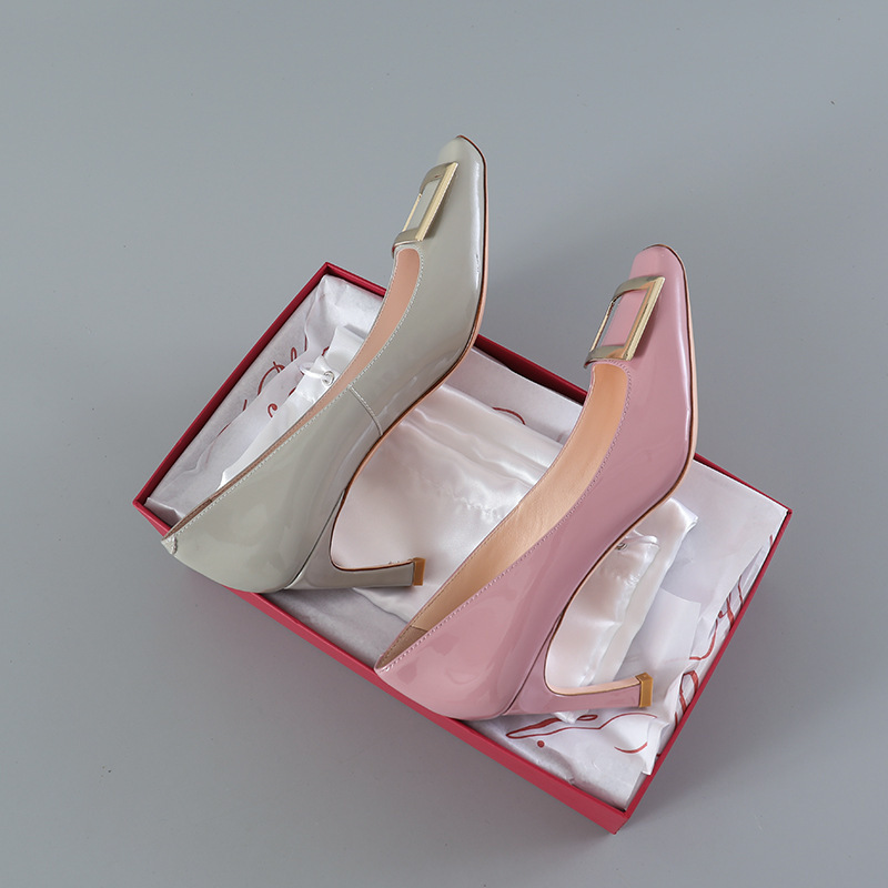 Top Version Pure Original Stiletto High Heels with Large Square Buckle Shallow Mouth Women's Shoes Cow Patent Leather Square Toe Classic Fashion Shoes for Women Black