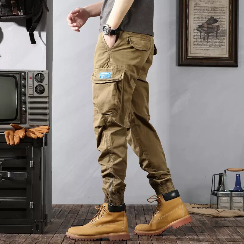 Herrenbekleidung Camouflage-Hose mit Bündchen und mehreren Taschen, Retro-Washed-Hose_voghion.com