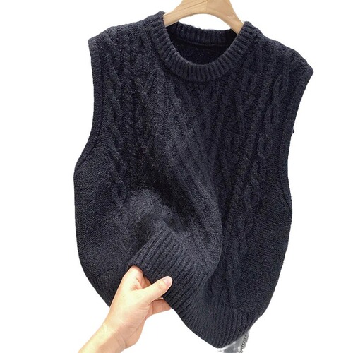 New Knit Vest, Solid Color Cable-Knit Crew Neck Short Sleeve Spring and Autumn Cardigan, Layering Loose Outerwear, No-Sleeve Sweater