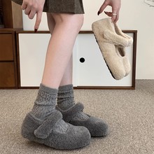 内增高厚底勃肯鞋女加绒灰色玛丽珍毛毛鞋女冬外穿呢子保暖棉单鞋