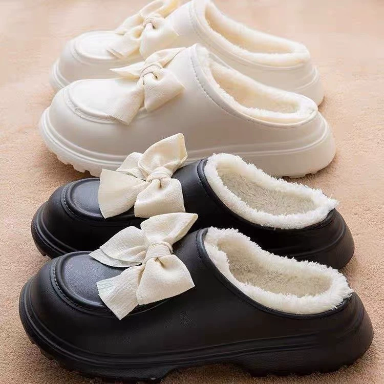 Новый зимний бант хлопчатобумажные туфли EVA Материал Женская обувь Внутренний хлопок Домашние хлопок нескользкие теплые шерстяные тапочки