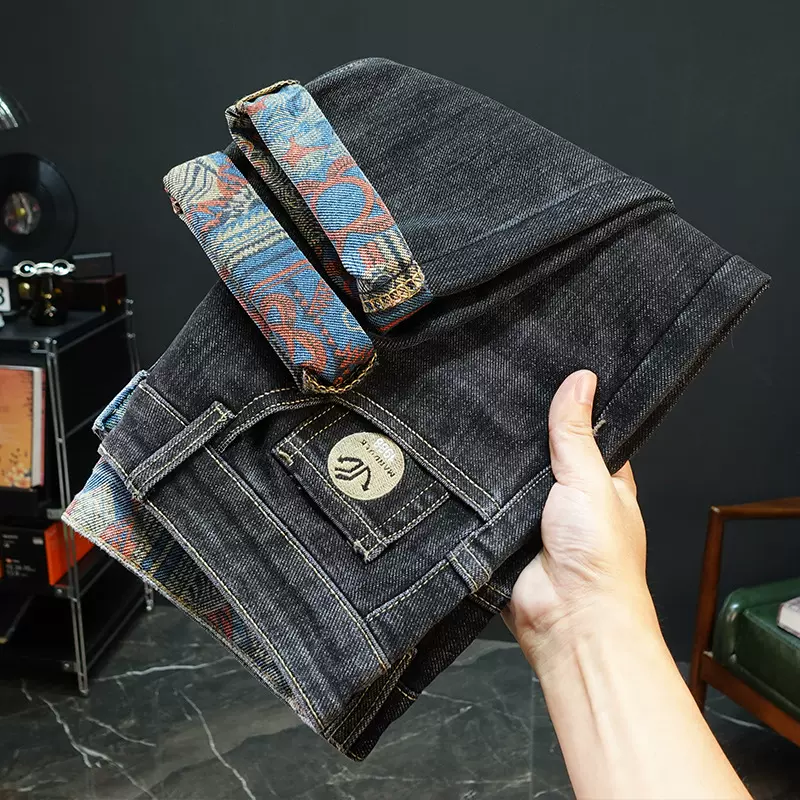 秋季厚款高端牛仔裤男士弹力修身小直筒刺绣花潮流印花休闲裤子男