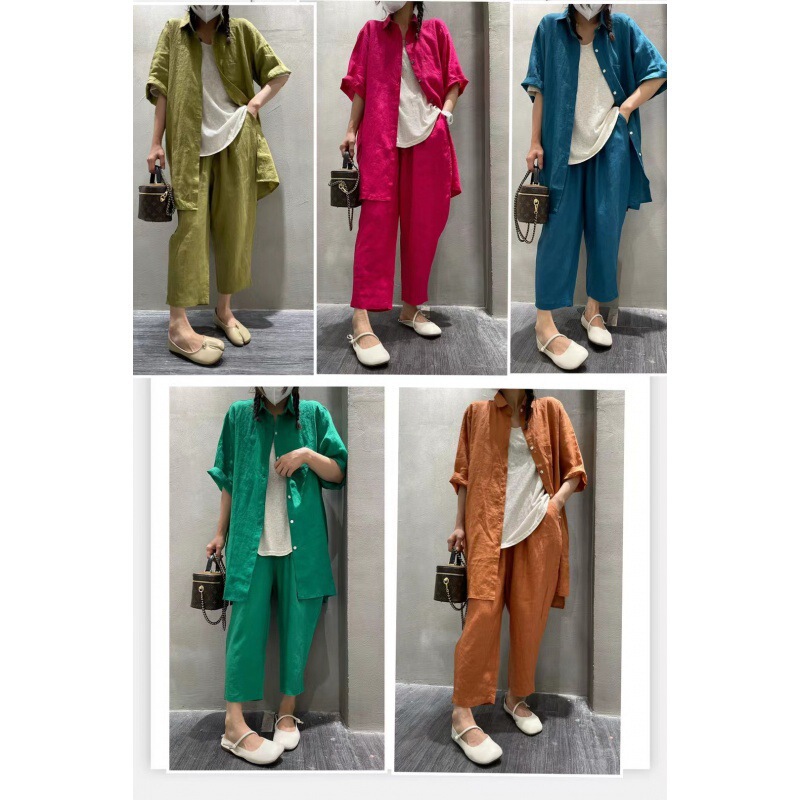 Cz9508-1+9168 Linen Mid-Length Shirt Set, Professional and Mature Style Women's Clothing, Hong Kong Style Shirt + Wide-Leg Pants