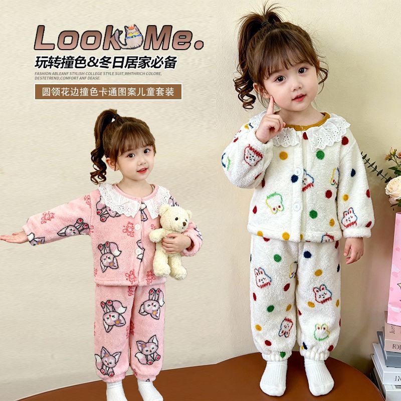 Niñas pijamas de invierno nuevos niños coral y camiseta de camiseta de franela para bebés con ropa cálida para el hogar engrosada