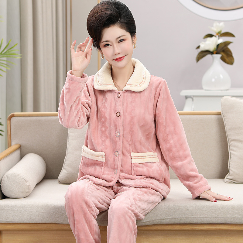 Autumn and winter coral fleece pajamas women's winter thickened middle-aged and elderly mother flannel warm elderly home clothing set Autumn and winter coral fleece pajamas women's winter thickened middle-aged and elderly mother flannel warm elderly home clothing set