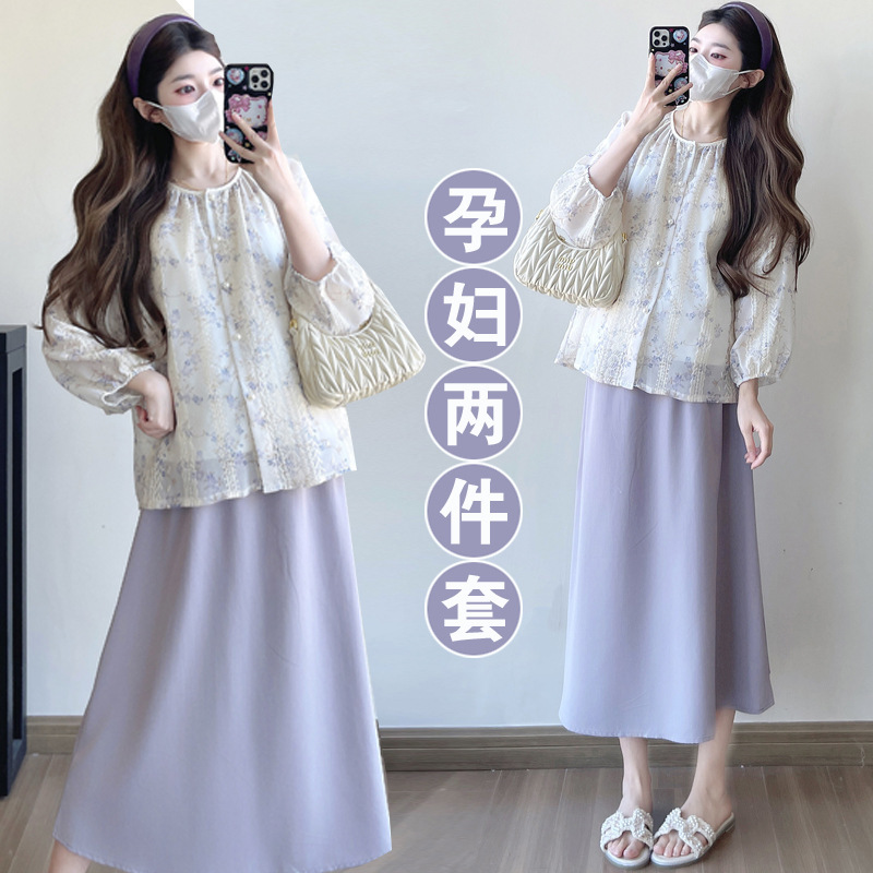 Real Shot of Maternity Wear in Stock: Two-Piece Set, New Spring Style, French Gentle Long-Sleeve Shirt, Loose Top, Purple Skirt