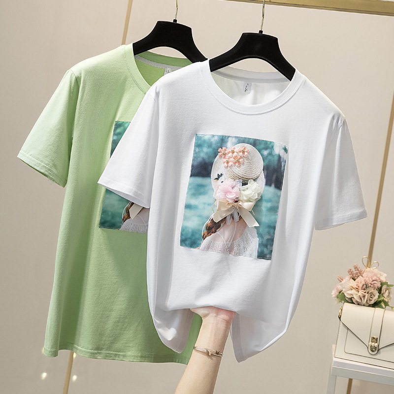 2021新款大碼女裝春夏季印花t恤女胖mm純棉寬松圓領網紅短袖上衣