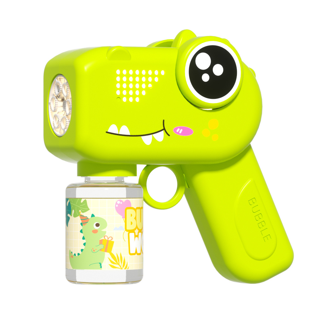 Dinosauro burbuja soplando máquina de burbujas en línea, niños de mano, pistola de burbujas de luces coloridas automáticas, juguetes interactivos al por mayor