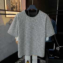 轻奢夏季重磅黑白条纹圆领痞帅宽松ins潮流百搭半袖上衣短袖t恤男