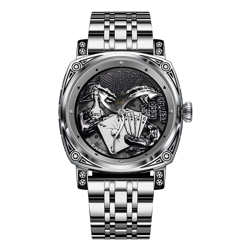 Đồng hồ cơ nam automatic lộ máy tourbillon hai mặt khắc nổi phát quang dây da bò — Vàng vừa mang, Dải thép đen bạc, Vỏ bọc vàng, Da đen bạc