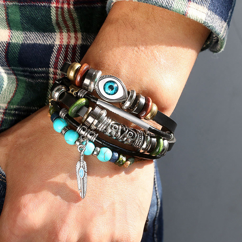 Bohemian Multi-Layer Bracelet with Turquoise Eye Charm, Vintage Metal Feather Pendant, Men's Handmade Jewelry Wholesale