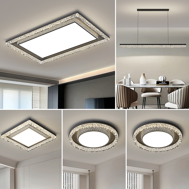 Modern Luxury Living Room Light, Rectangular, Eye-Friendly Main Light, Crystal Glass Ceiling Light, LED Light