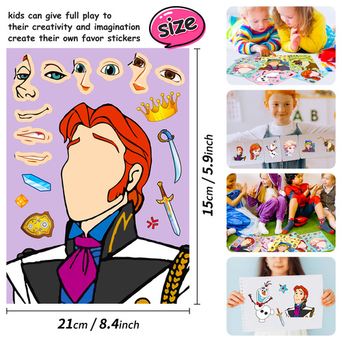 Eight kinds of 6 pieces per pack prince and princess cartoon puzzle stickers for kindergarten children, cartoon intelligence DIY face-changing stickers