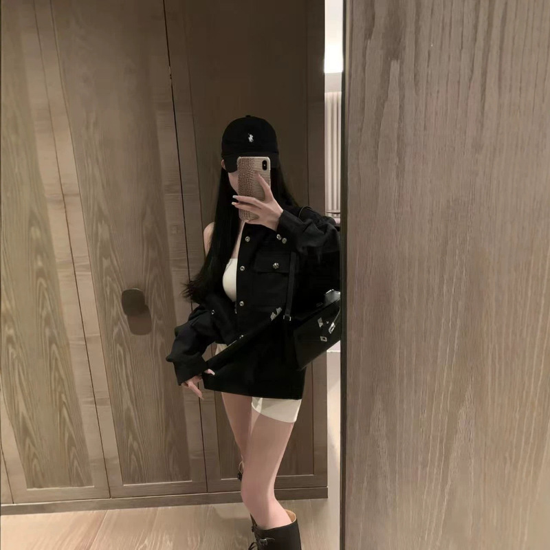 2026 Spring and Autumn New Style Women's Loose Mid-Length Denim Jacket with Heavy Rhinestone Cross Decoration, Trendy Shirt Coat