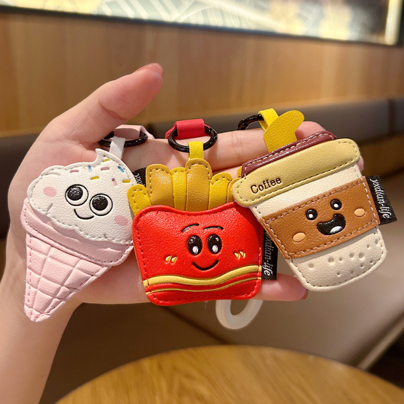 クリエイティブ漫画レザースナックキーホルダーかわいいフライドポテトコーヒーアイスクリームカップルバッグペンダント小さなギフト|undefined