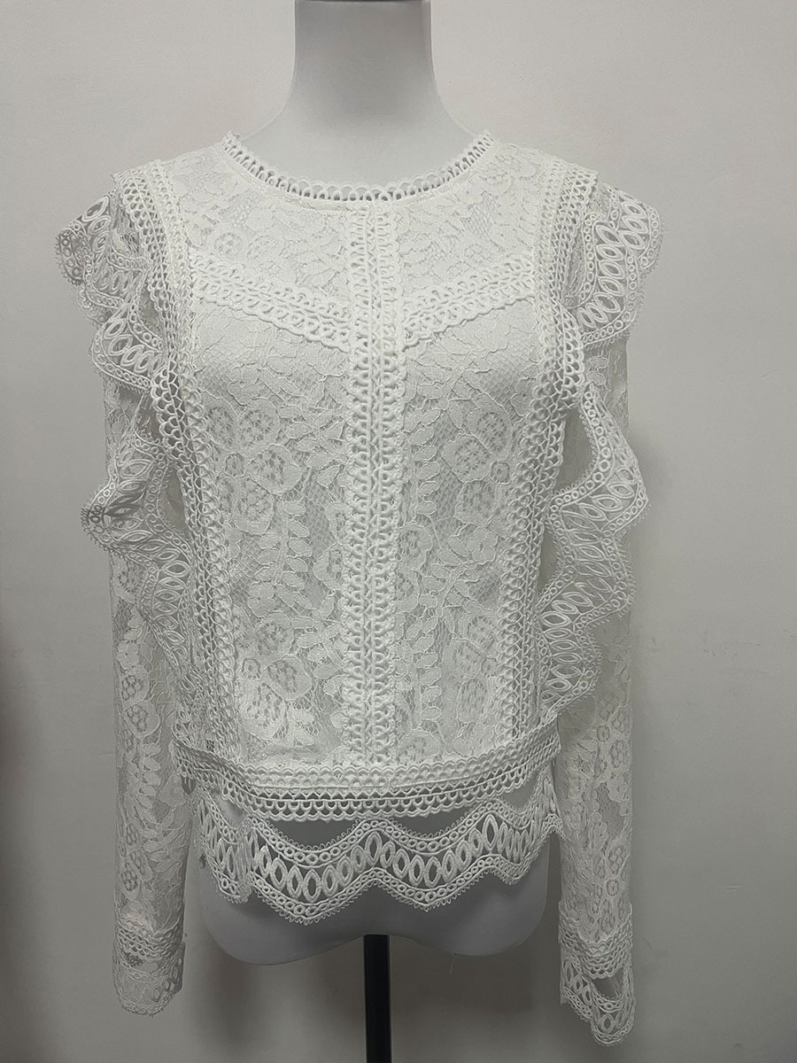 Women's Long Sleeve Blouse Sexy Hollowed Out Lace Top Solid Color Base American Style New Design Coat_ecoleips.com
