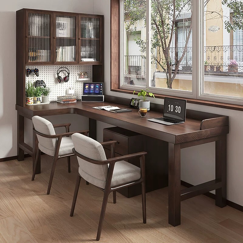 Solid Wood Corner Desk and Bookcase Combination, Wall-Mounted L-Shaped Writing and Storage Cabinet, Bedroom Corner Computer Desk and Bookshelf Set Solid Wood Corner Desk and Bookcase Combination, Wall-Mounted L-Shaped Writing and Storage Cabinet, Bedroom Corner Computer Desk and Bookshelf Set