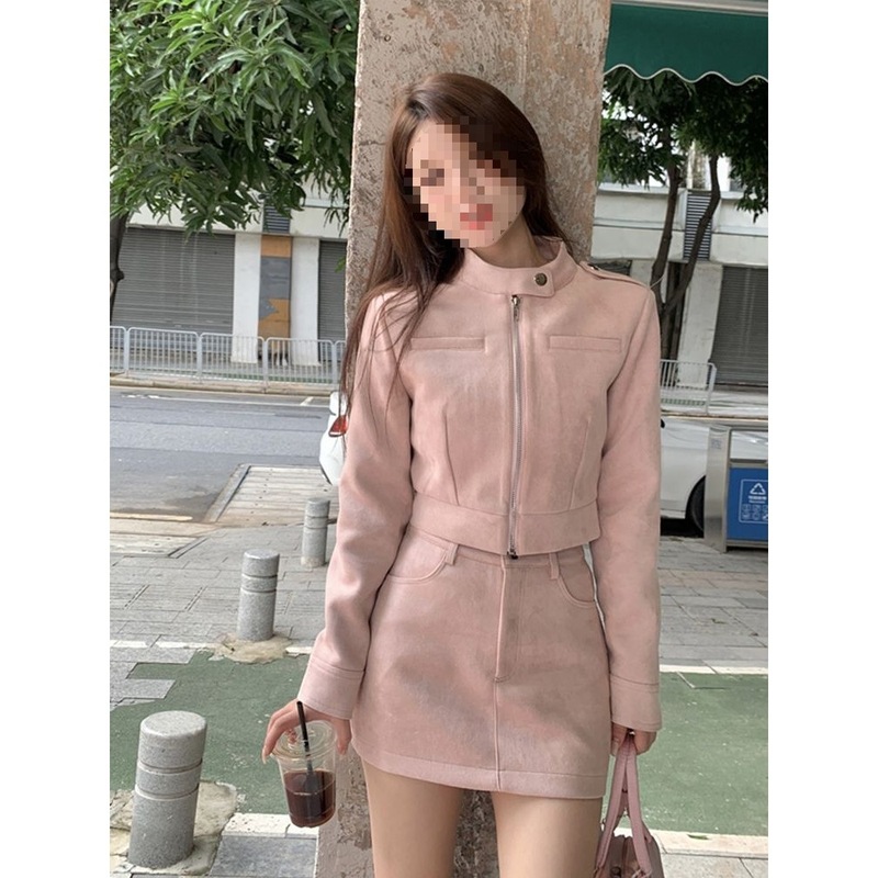 显白珍珠粉纯欲气质套装女短外套春装新款美式辣妹半裙显瘦套装|undefined
