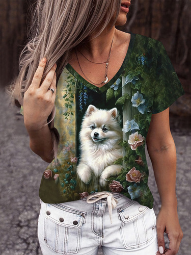 Cross-border 3D digital printing women's V-neck short-sleeve T-shirts in stock, European and American summer women's clothing for independent stores, AliExpress best-seller