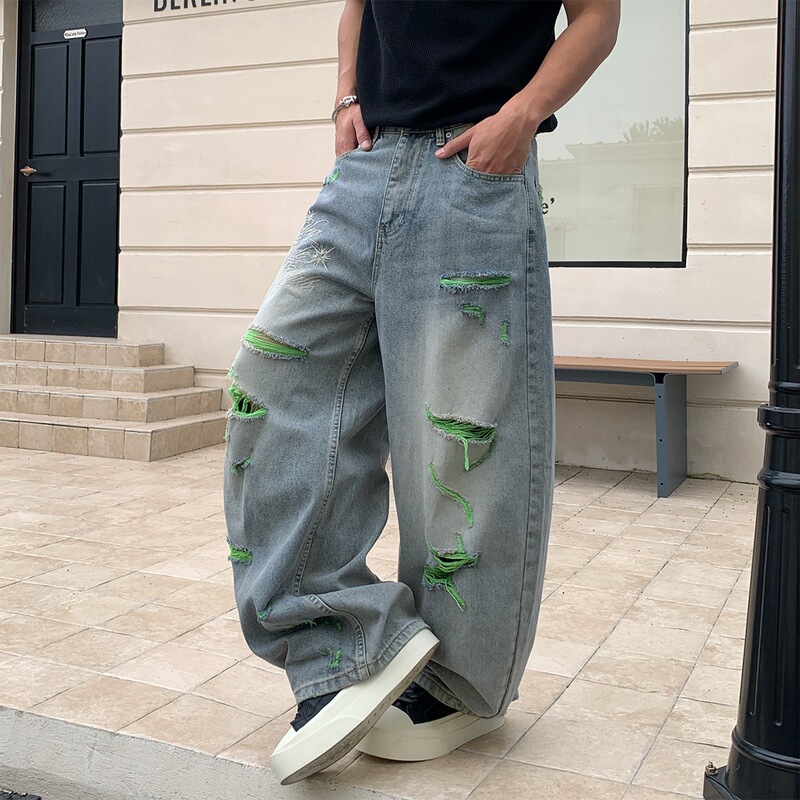 American-style fluorescent green lined ripped wide-leg jeans for men, vintage washed embroidered floor-length pants, wholesale supply American-style fluorescent green lined ripped wide-leg jeans for men, vintage washed embroidered floor-length pants, wholesale supply
