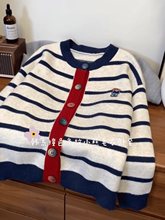 撞色复古条纹开衫毛衣外套女秋季新款卡通韩系百搭显瘦针织衫上衣