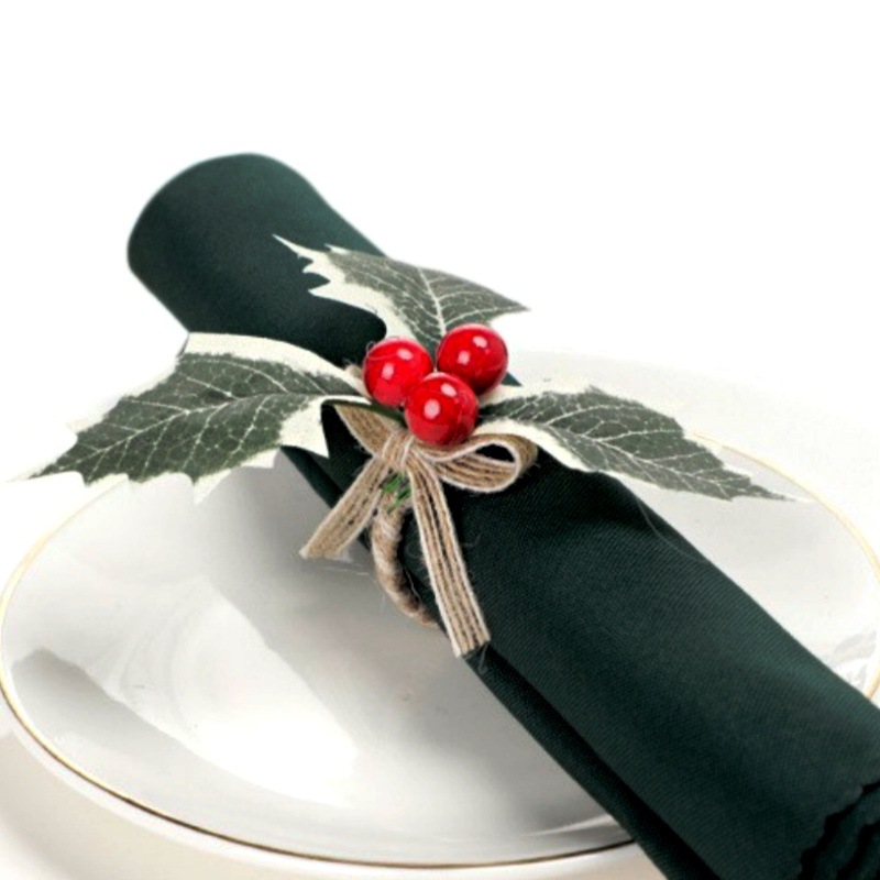 Nórdico hebilla de la servilleta artificial Decoración de mesa de Navidad hoja verde rojo fruta servilleta anillo artificial Mori boca anillo de tela al por mayor