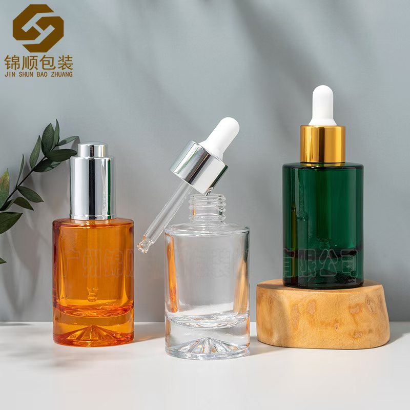现货30ml圆柱厚底精油瓶 透明钻石底精华液分装瓶 按压泵滴管瓶