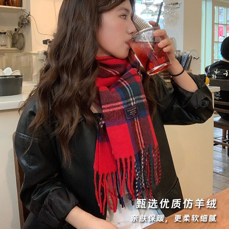 仿羊绒拼色格子流苏围巾女款2025冬季韩系氛围感保暖百搭披肩学生|undefined