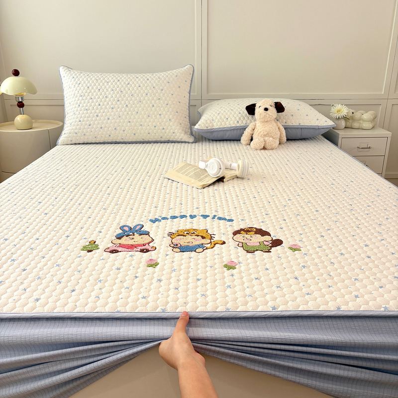 2026 New Model A-Class Towel Embroidery Quilted Crinkle Fabric Bed Sheet Cartoon Quilted Thick Bed Sheet Non-Slip Thin Mattress Pad
