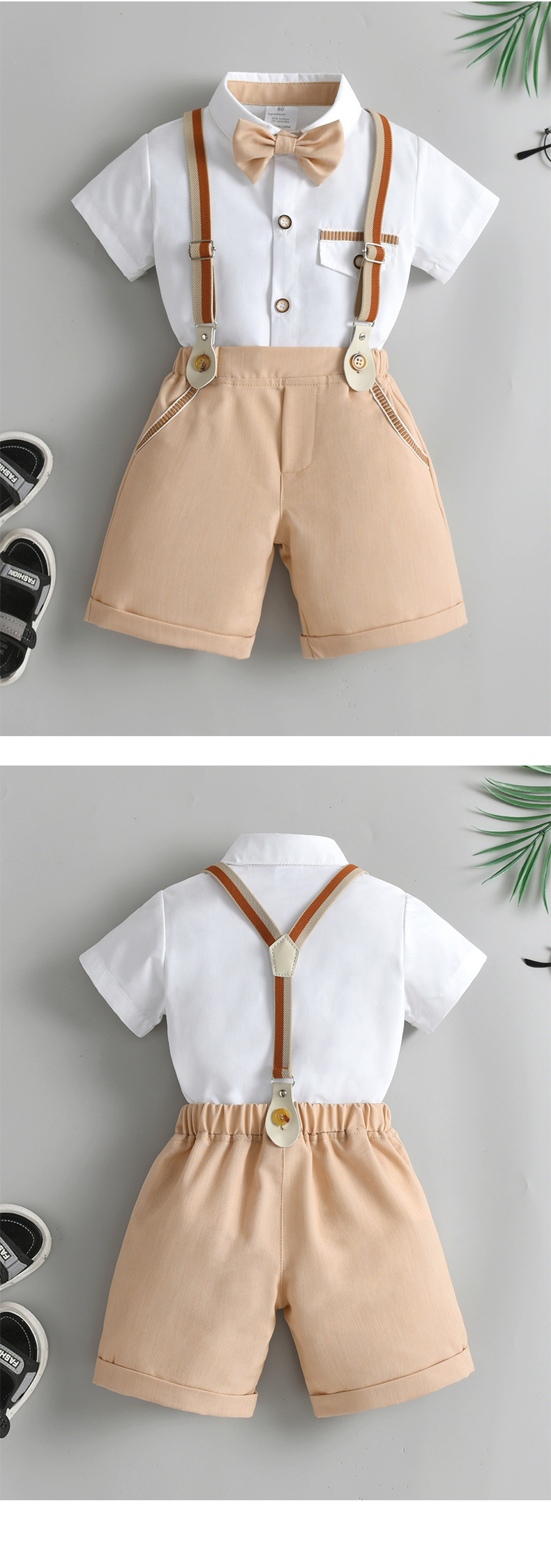 跨境童装批发夏季新款背带裤两件套儿童套装宝宝英伦绅士男童夏装