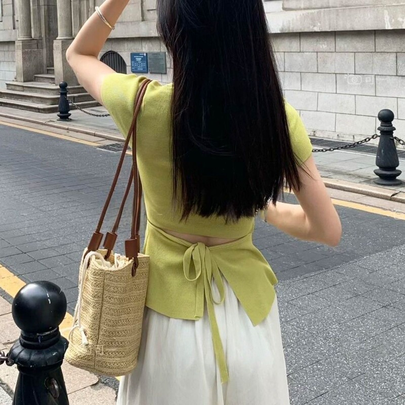 Hollow-Out Square-Neck Cool Silk Knit Short-Sleeve Women's New Summer Korean Style Sweet Design Back-Tie Top