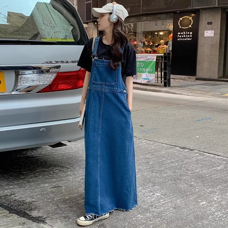 牛仔连衣裙女春夏季2025年韩系休闲复古长裙学生小个子直筒背带裙