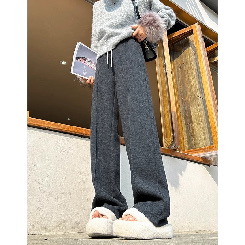 Pantalones de piernas anchas con patrón de herringe para mujeres otoño y invierno 2024 nuevos pantalones de lana de cintura alta, pantalones recto delgados casuales