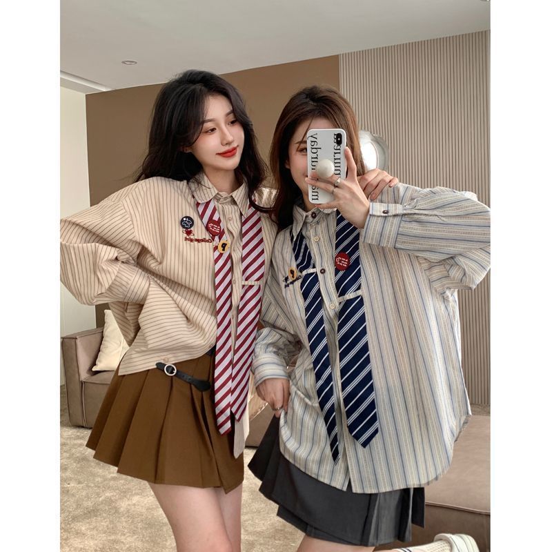 Traditional Shirt Design, Button Color Matches the Picture, Striped Shirt for Women, New Style, College Style, Loose-Fitting Tie Shirt