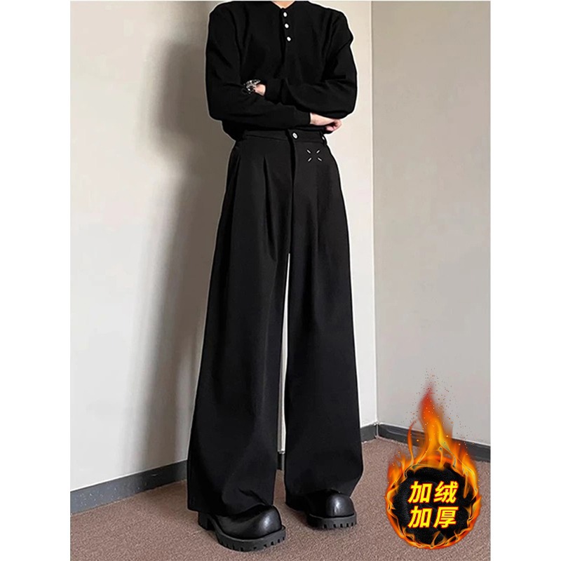 High-End Handsome Cleanfit Black Pants Men's Winter New Velvet Loose Wide-Leg Suit Casual Pants